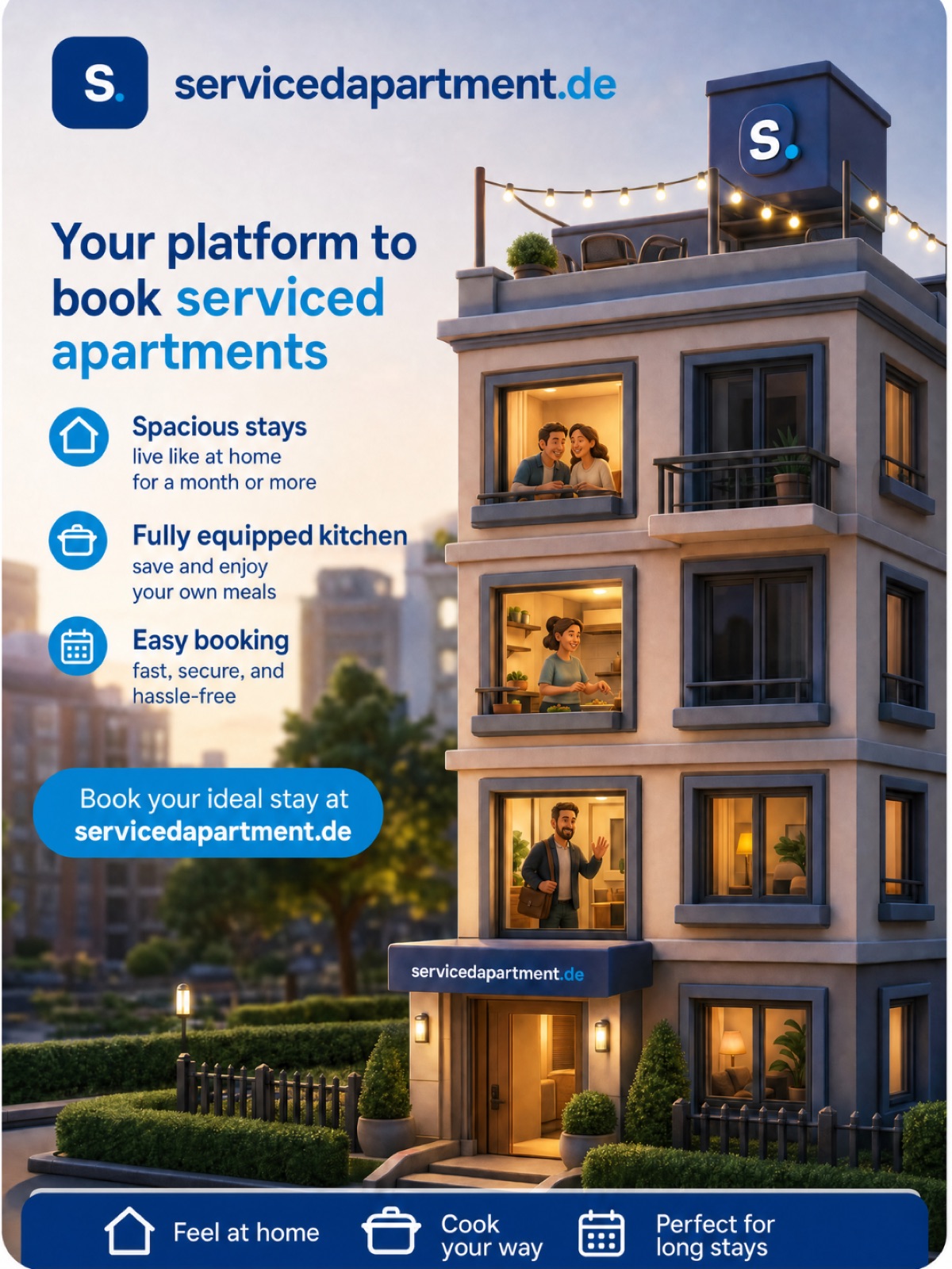 Social-Post für servicedapartment.de: Apartmenthaus mit Vorteilen der Plattform